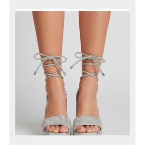 DOLLSKILL Silver Rhinestone Platform Heels Lace Up Ankle Wrap Sandals 8